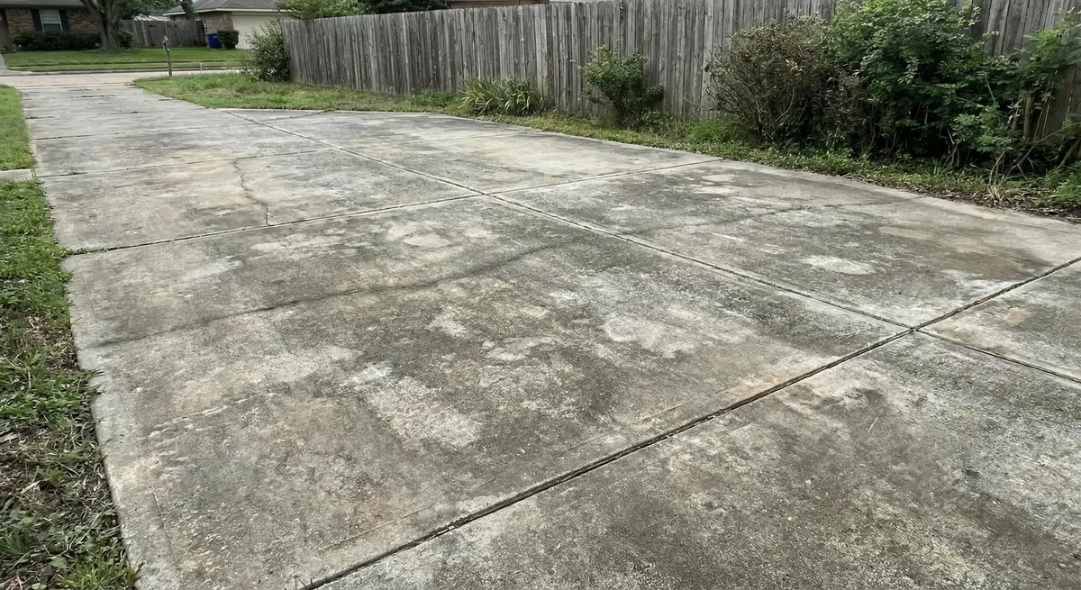 Dirty driveway with stains and grime before cleaning